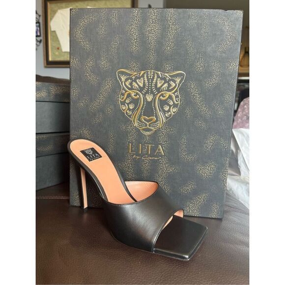 LITA by Ciara Black Leather Stiletto Slides - Picture 2 of 9